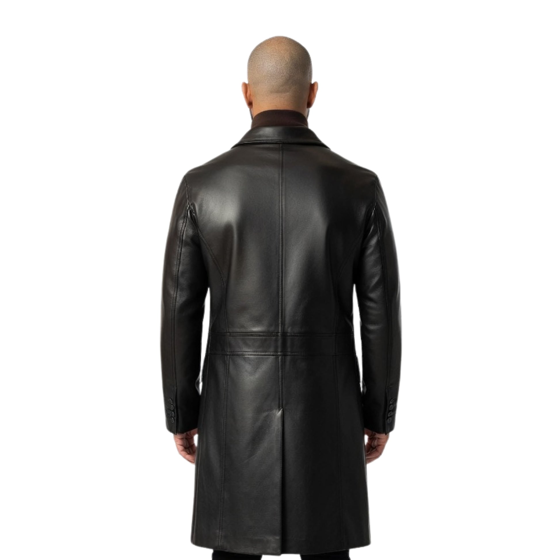 Man wearing a black leather coat on a white background