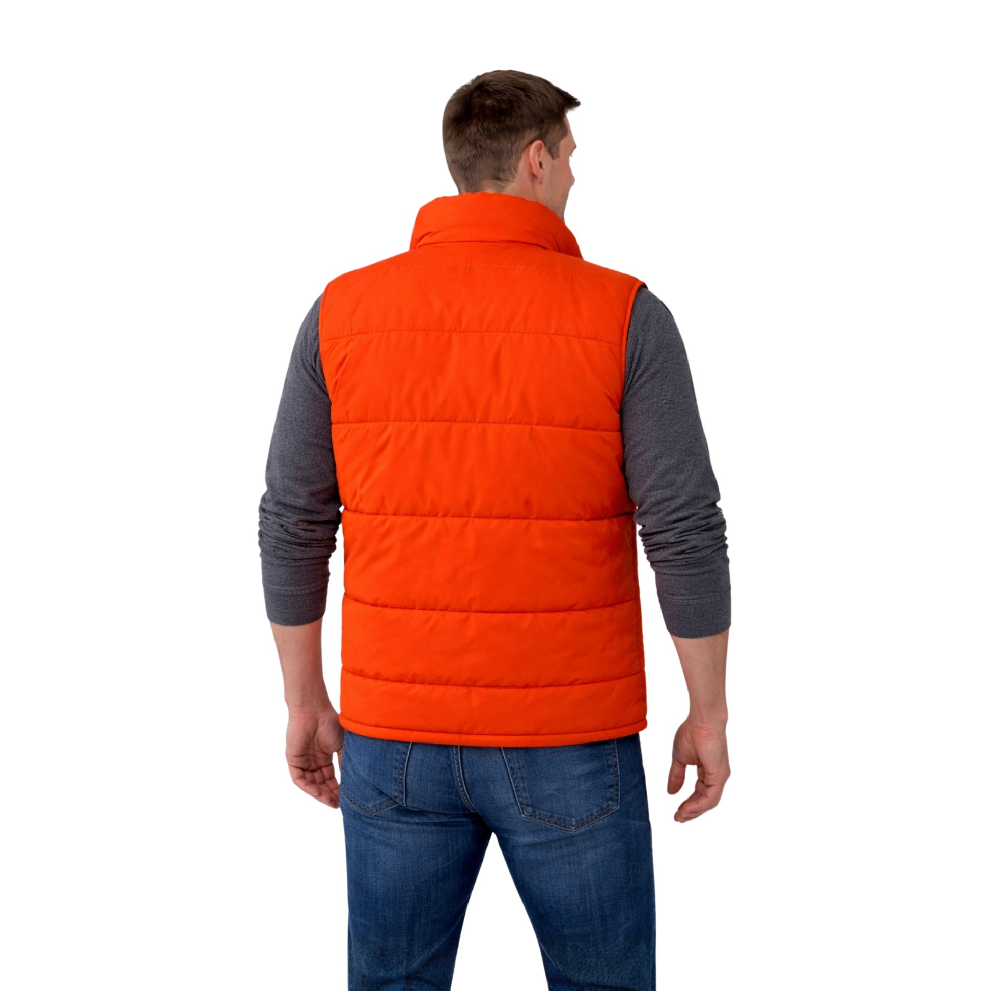 Person wearing an orange puffer vest on a white background