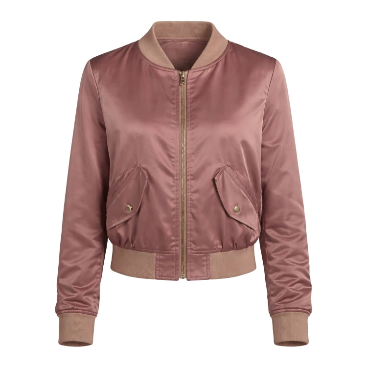 Pink bomber jacket with brown collar and cuffs on a white background
