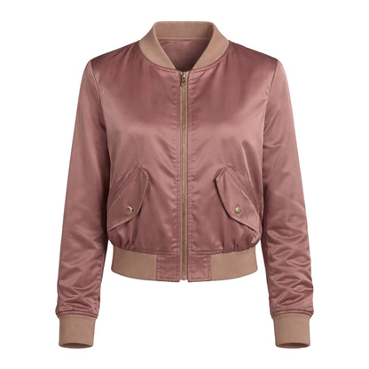 Pink bomber jacket with brown collar and cuffs on a white background