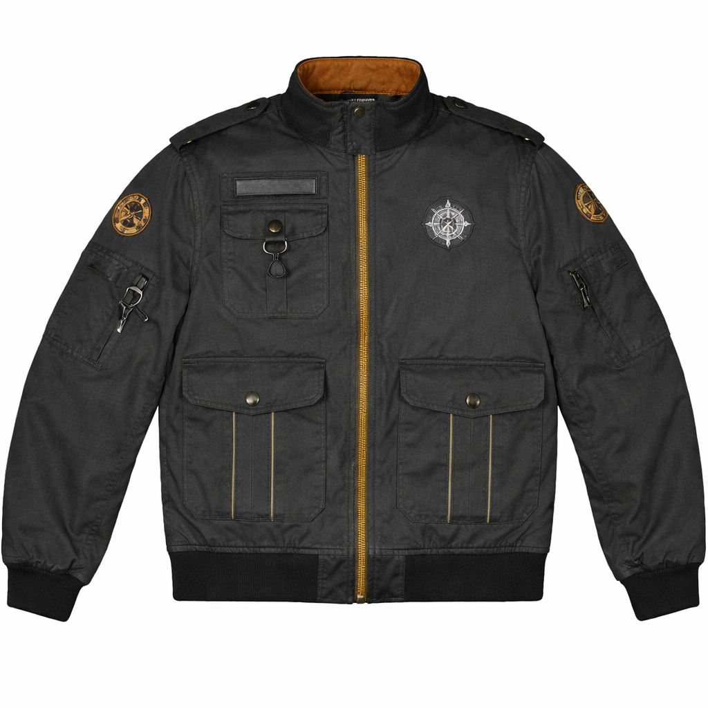 Black jacket with gold zipper and patches on a white background