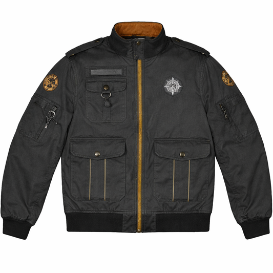 Black jacket with gold zipper and patches on a white background