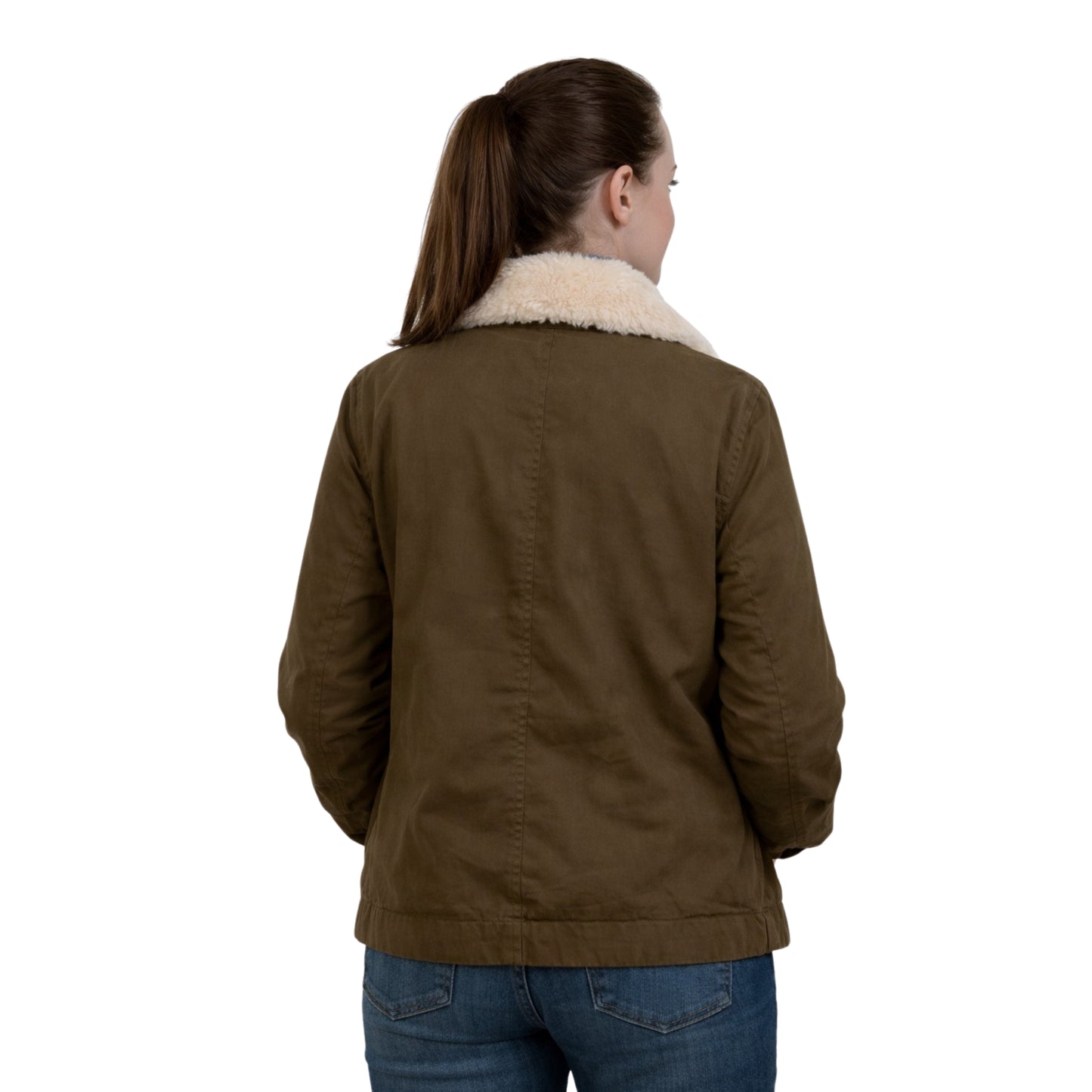 Person wearing a brown jacket with a cream collar on a white background
