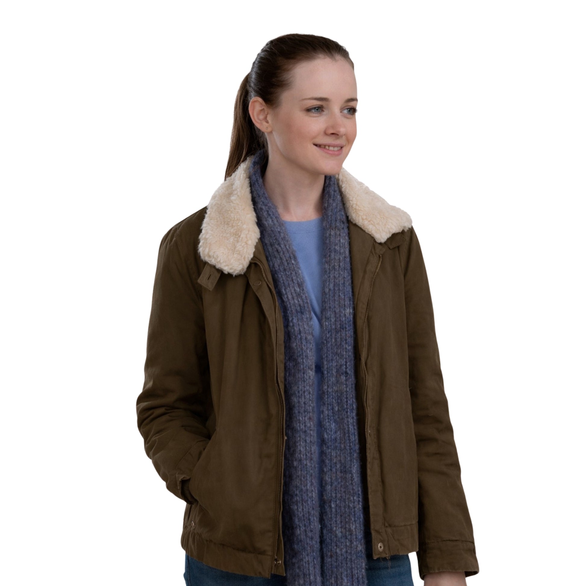 Woman wearing a brown jacket with a fur-lined hood and a blue scarf on a white background