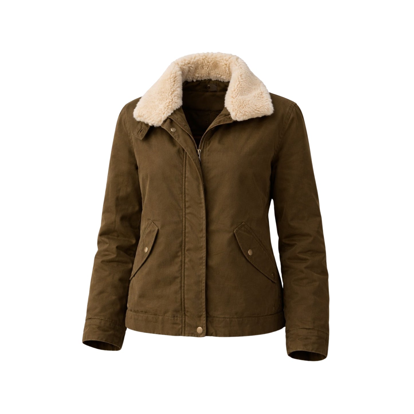 Brown jacket with beige fur collar on a white background