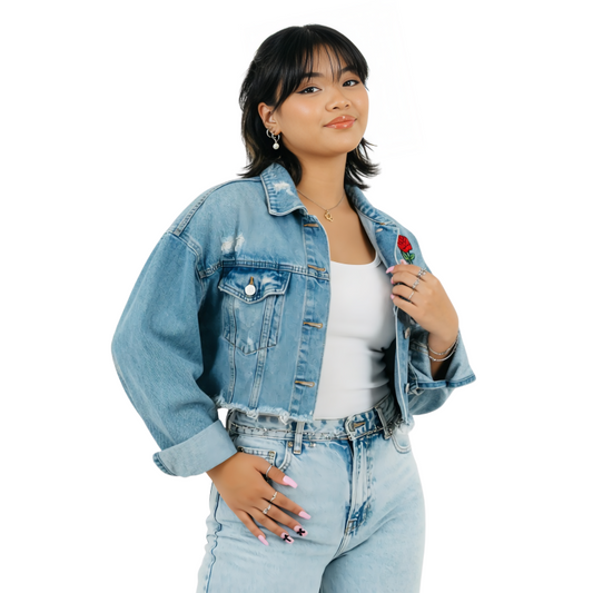 Rose Patch Cropped Denim Jacket