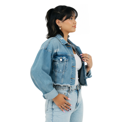 Rose Patch Cropped Denim Jacket Sale