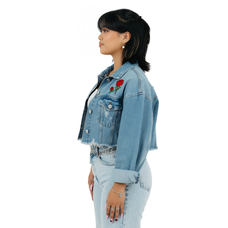 Rose Patch Cropped Denim Jacket Sale Now