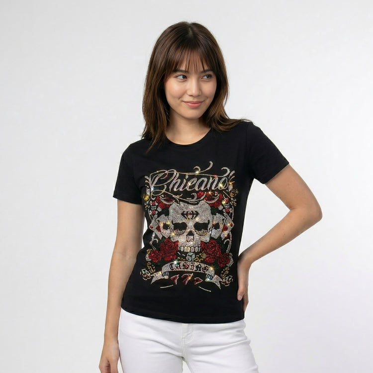 Woman wearing a black t-shirt with a graphic design on a white background