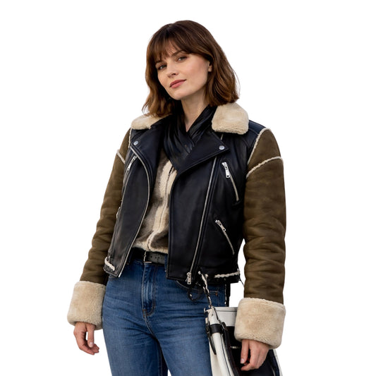 Woman wearing a black and brown leather jacket with fur trim on a white background