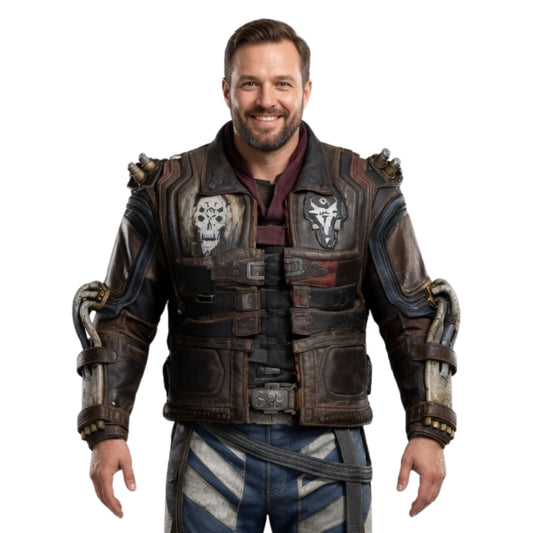 Man wearing a detailed, textured jacket with armor plating on a white background