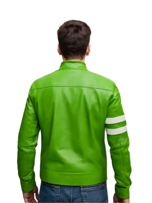 Green leather jacket with white stripes on sleeves worn by a person on a white background