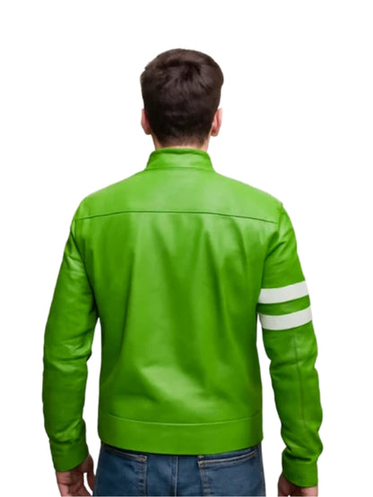 Green leather jacket with white stripes on sleeves worn by a person on a white background