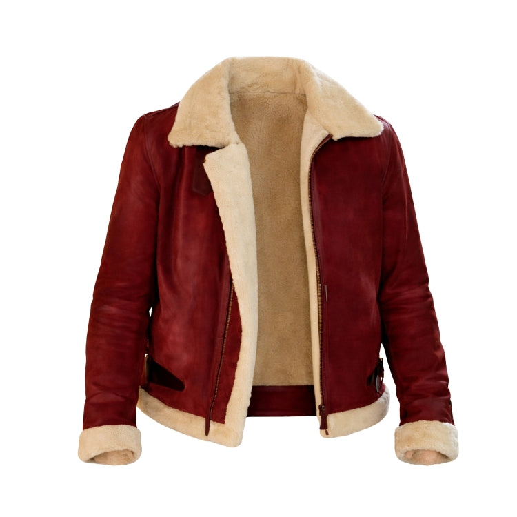 Red leather jacket with beige fur lining on a white background