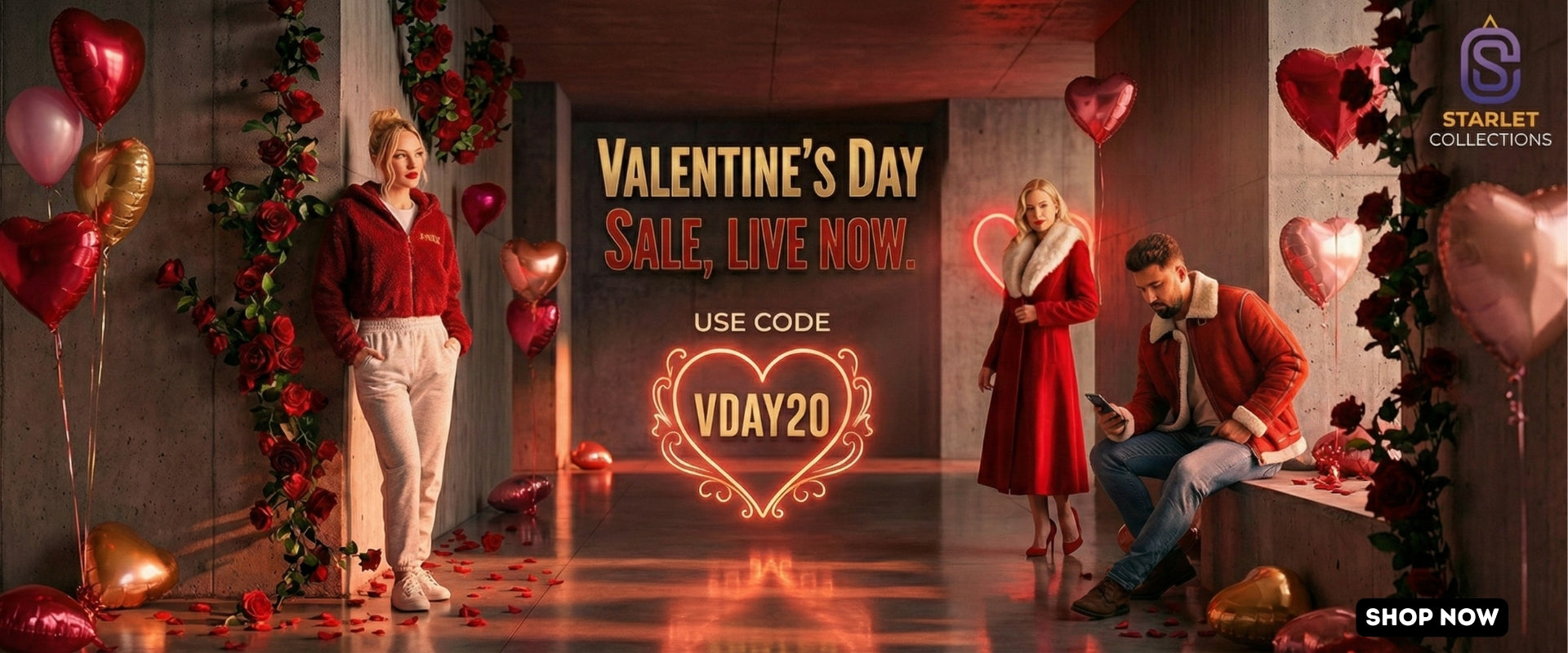 Valentine's Day sale promotion with people in a store setting, surrounded by balloons and decorations.