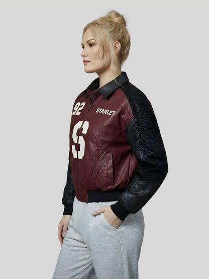 Person wearing a maroon and black bomber jacket with 'Starlet' branding on a light gray background
