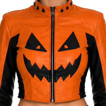 
Sale Live On Jack-O-Lantern Pumpkin Crop Leather Jacket

