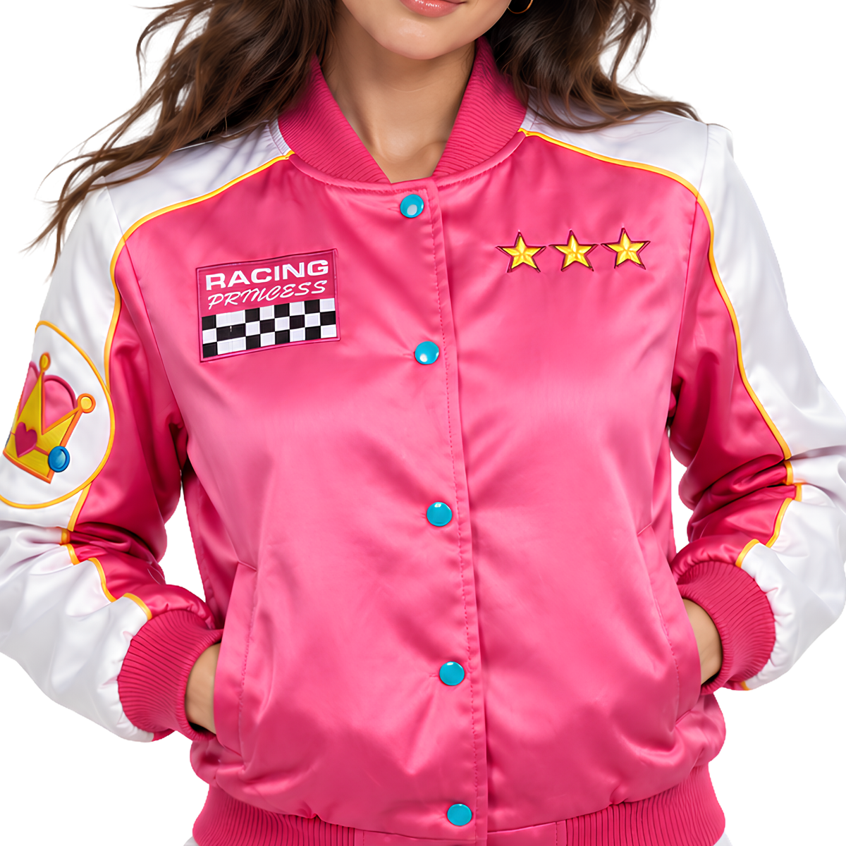 Sale Live On The Women’s Pink Racing Princess Graphic Bomber Jacket