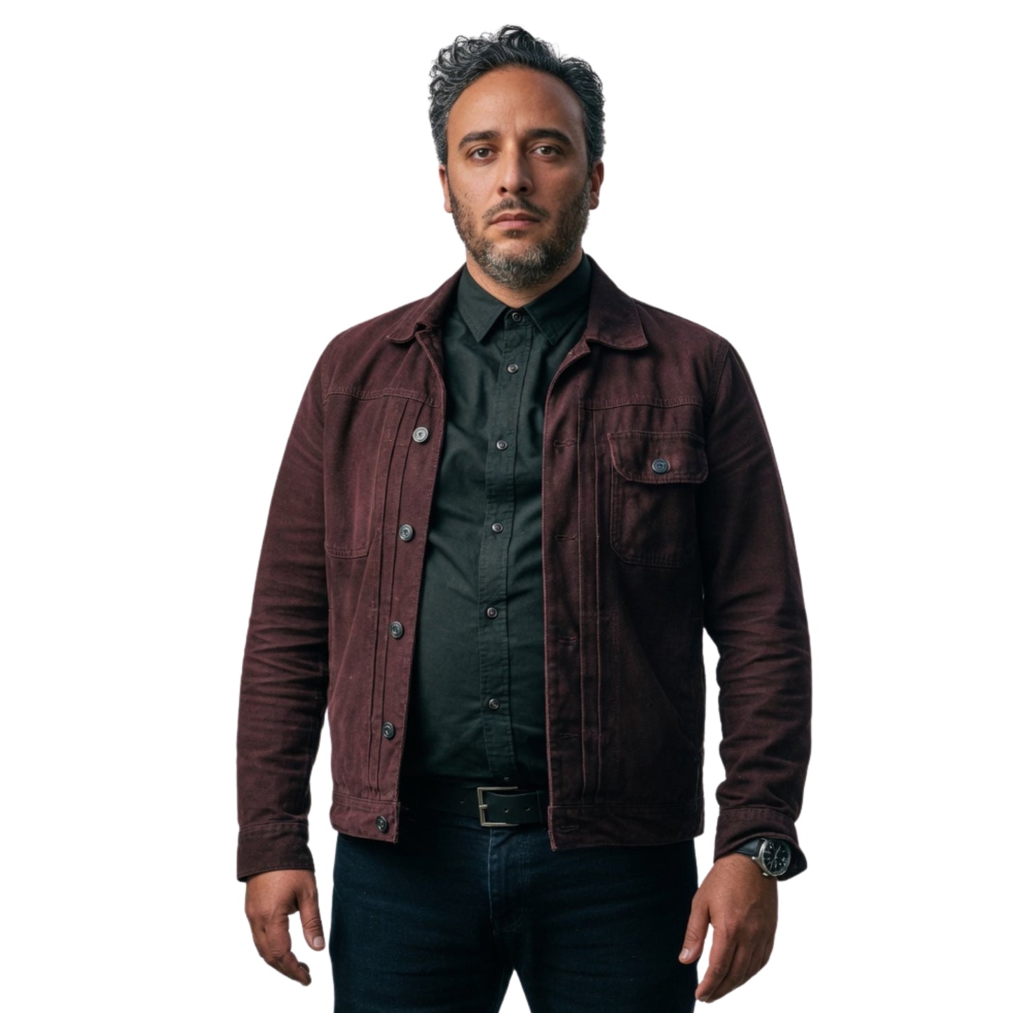 Man wearing a brown jacket over a black shirt on a white background