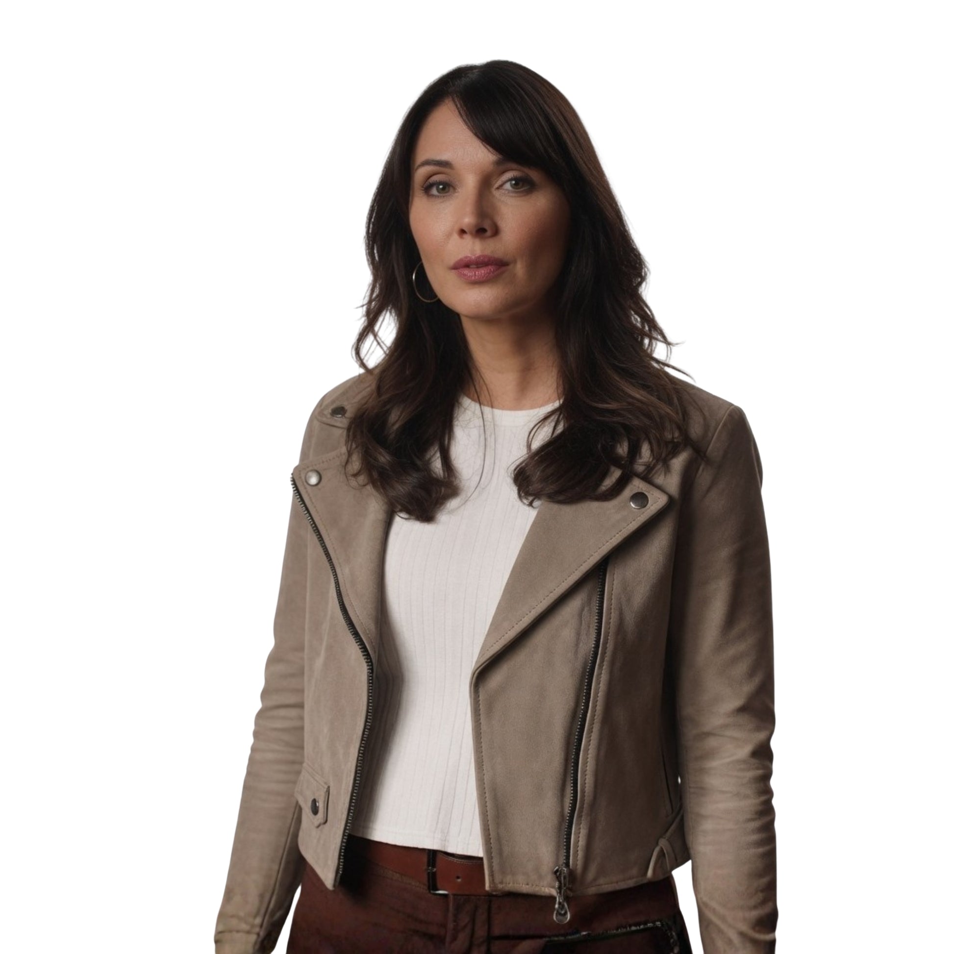 Woman wearing a beige leather jacket on a white background