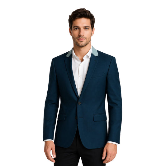 Man wearing a blue suit jacket with white shirt on a white background