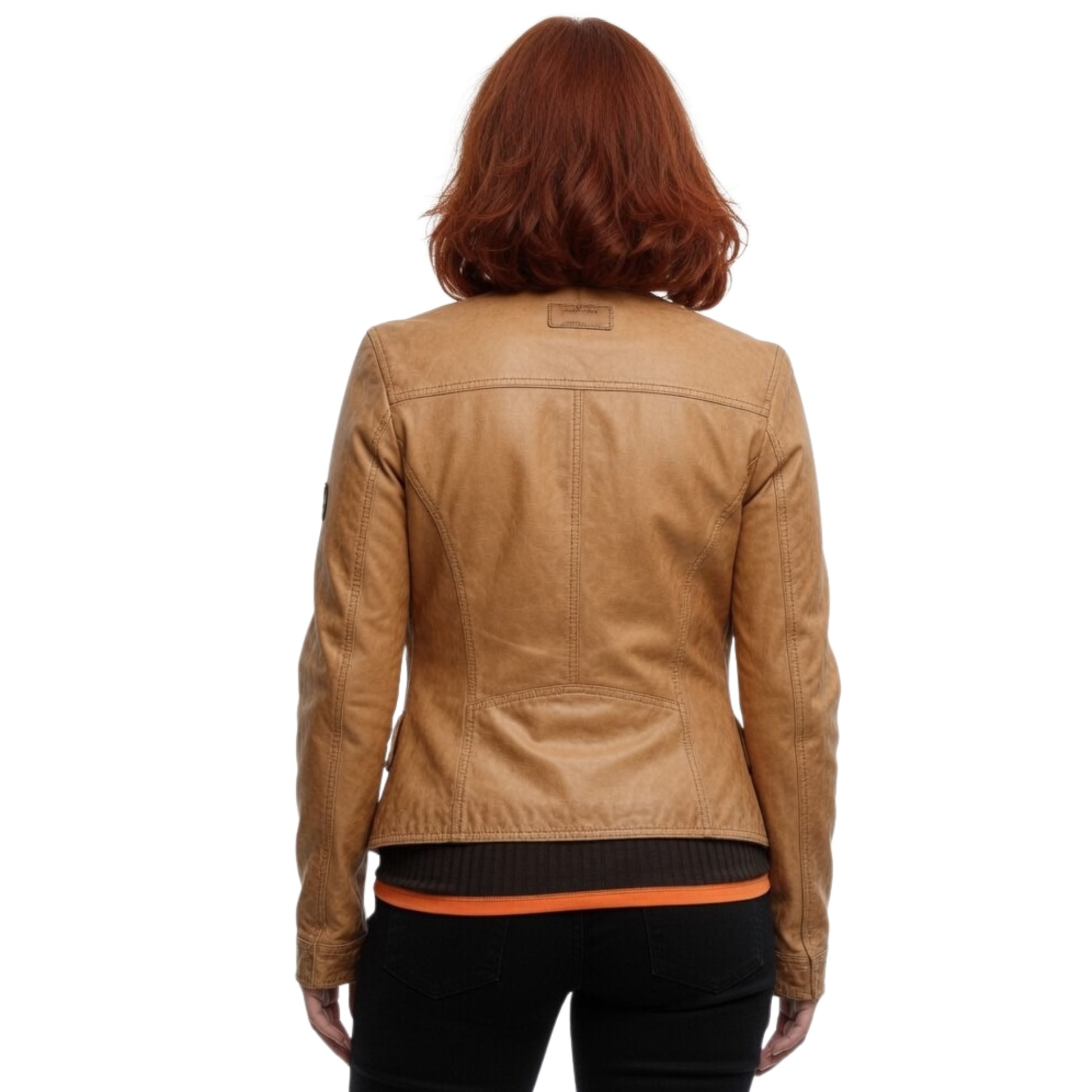 Person wearing a tan leather jacket on a white background