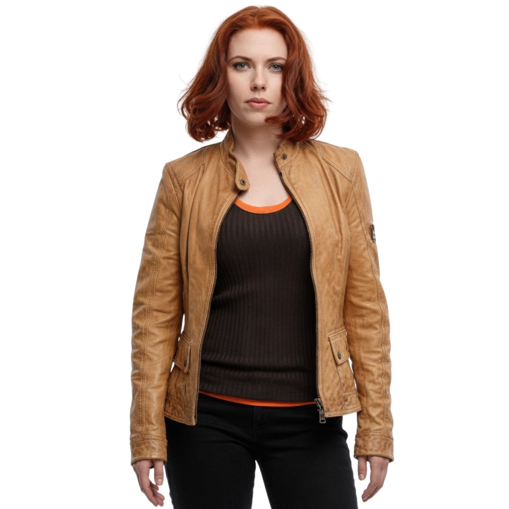 Woman wearing a tan leather jacket on a white background