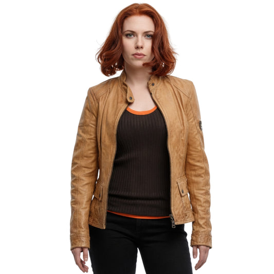 Woman wearing a tan leather jacket on a white background