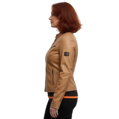 Woman wearing a tan leather jacket on a white background