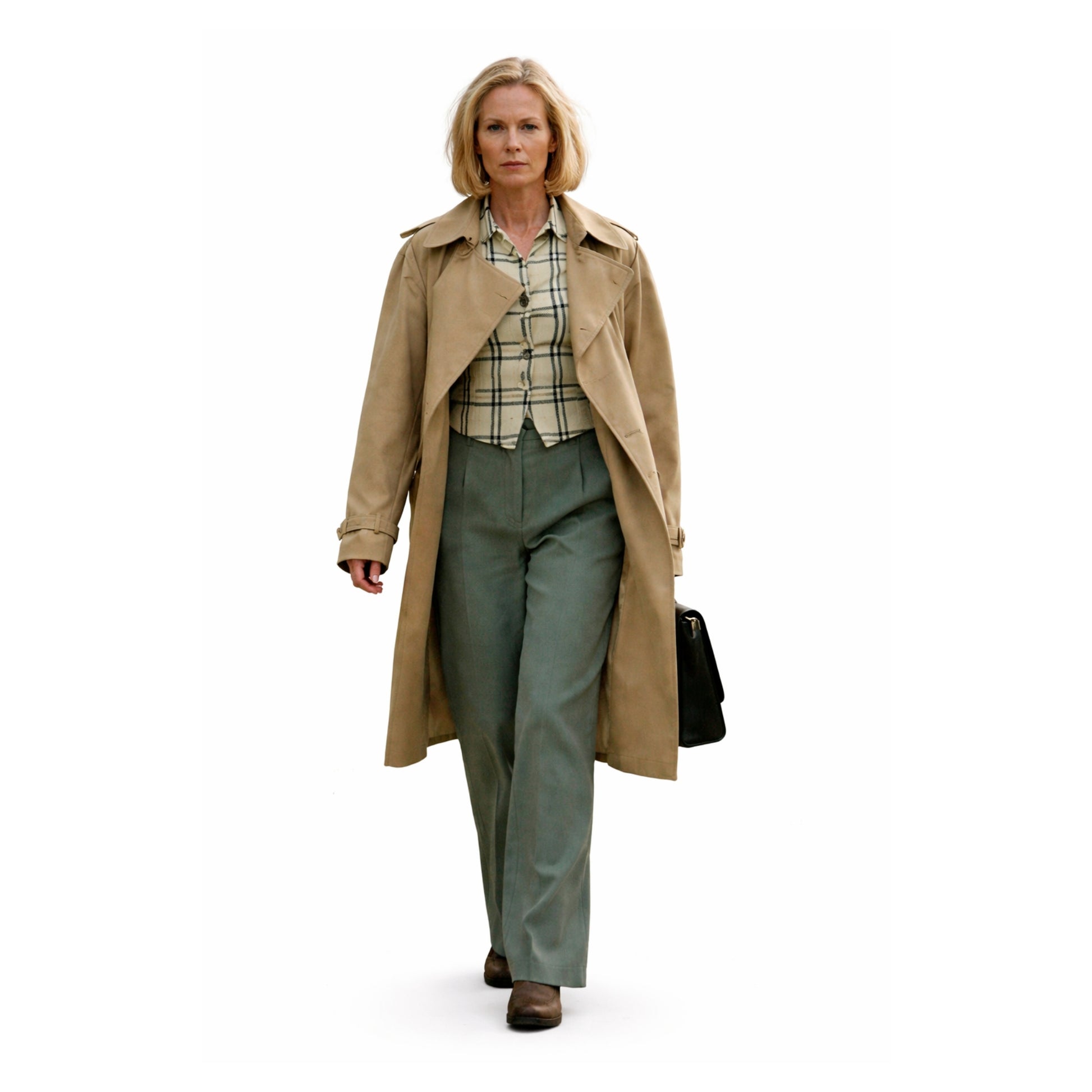 Woman wearing a beige trench coat and green pants on a white background