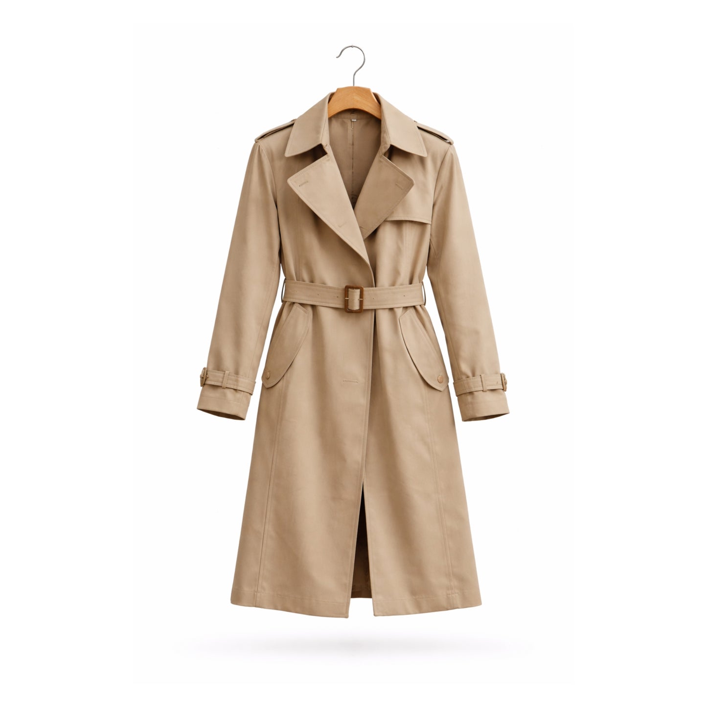 Beige trench coat on a hanger against a white background