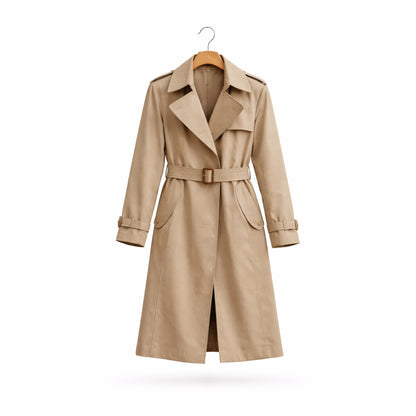 Beige trench coat on a hanger against a white background