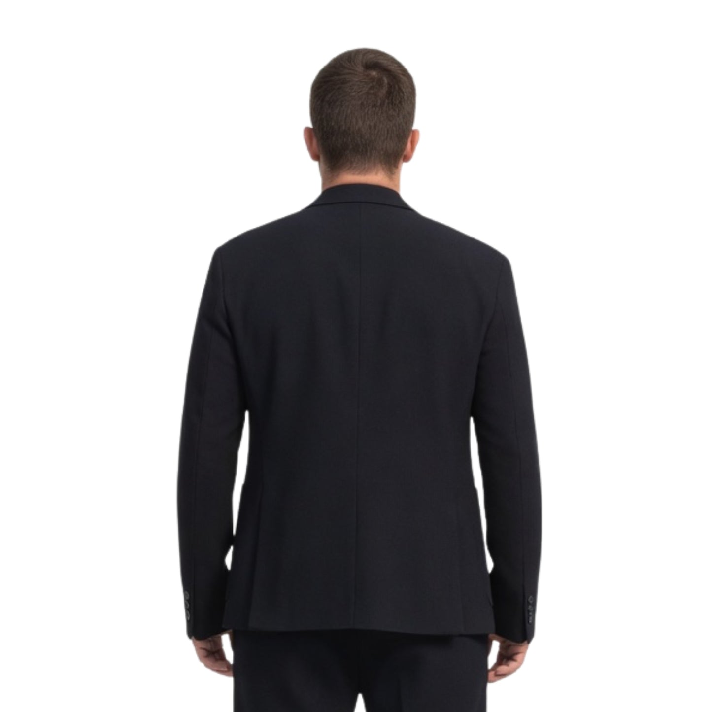 Black suit jacket worn by a person on a white background