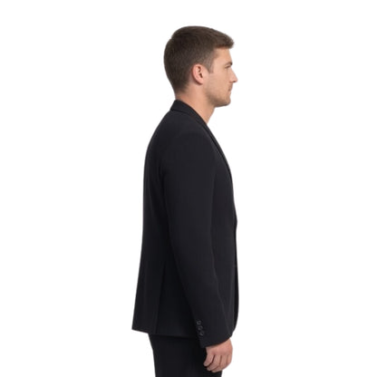 Man wearing a black blazer on a white background
