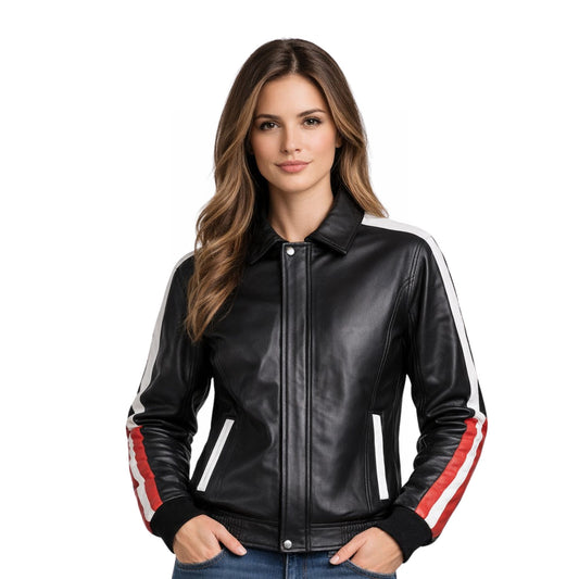 Woman wearing a black leather jacket with white and red accents on a white background