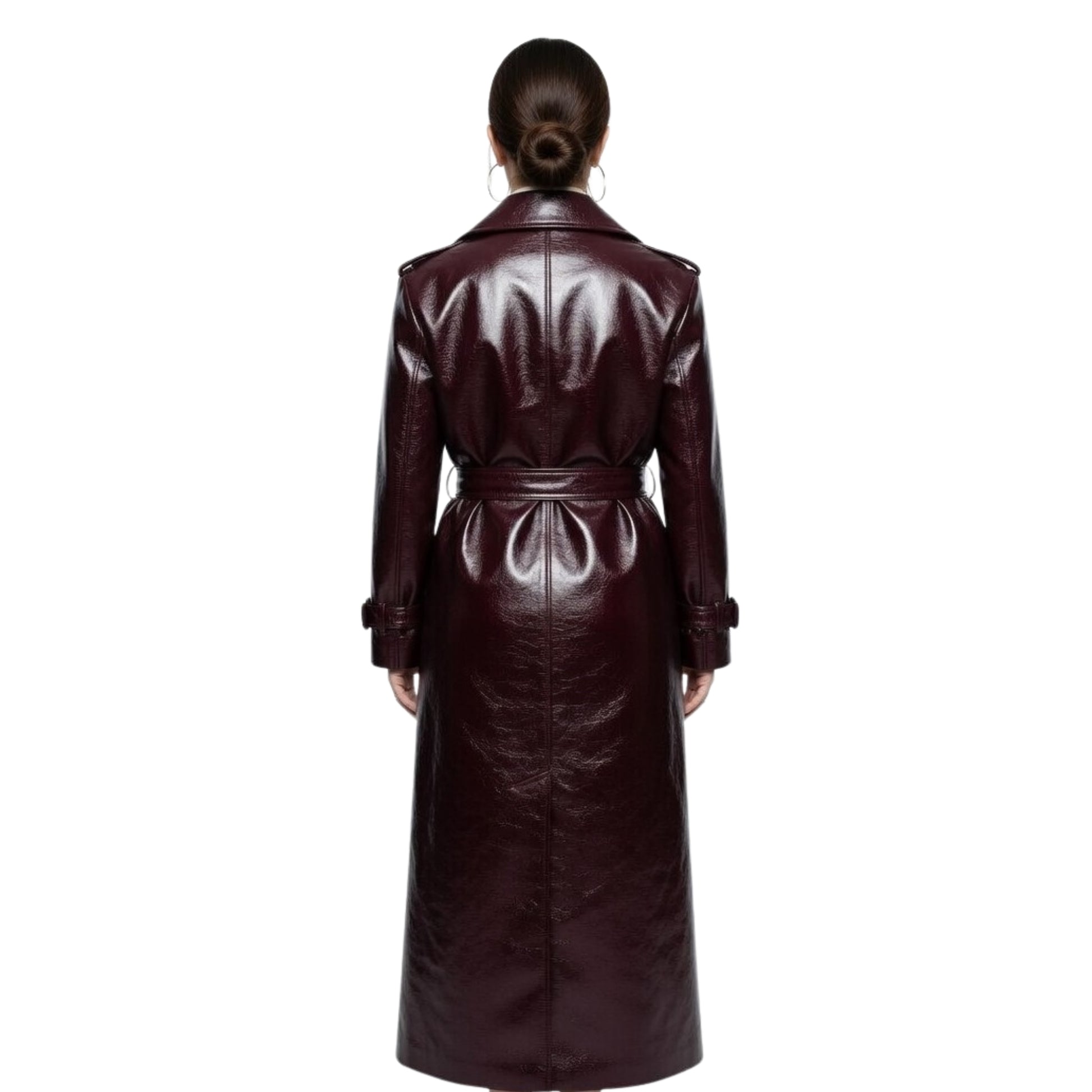 Person wearing a long dark red leather coat on a white background