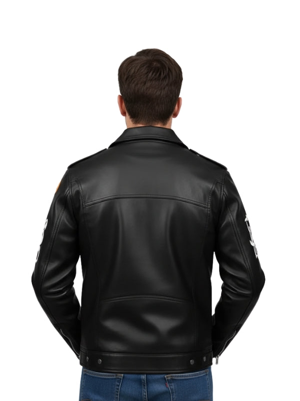 Black leather jacket worn by a person on a white background