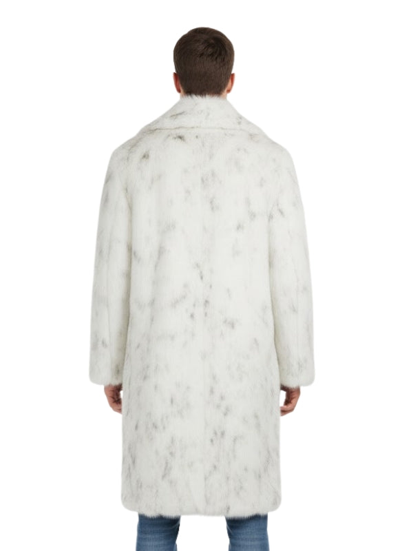Person wearing a white fur coat on a white background