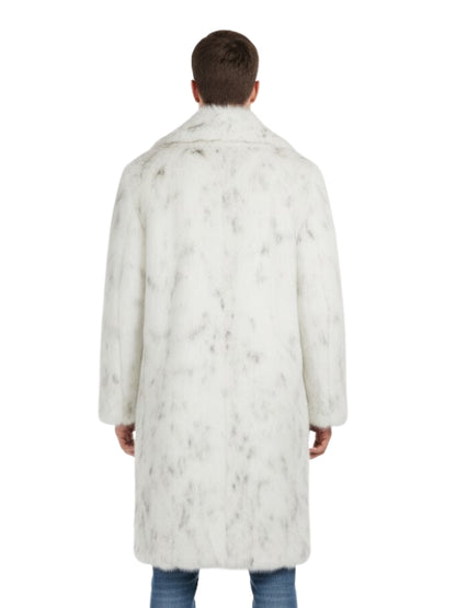 Person wearing a white fur coat on a white background