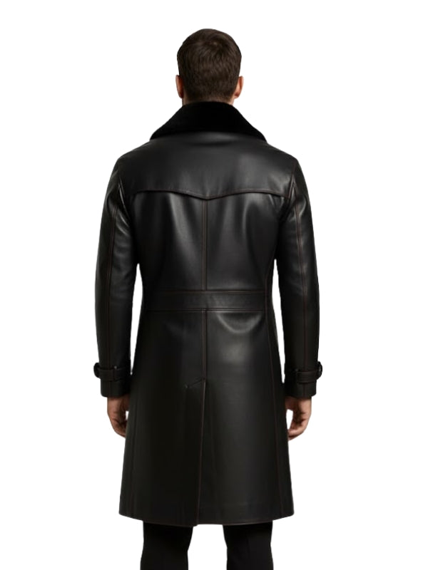 Man wearing a black leather coat on a white background