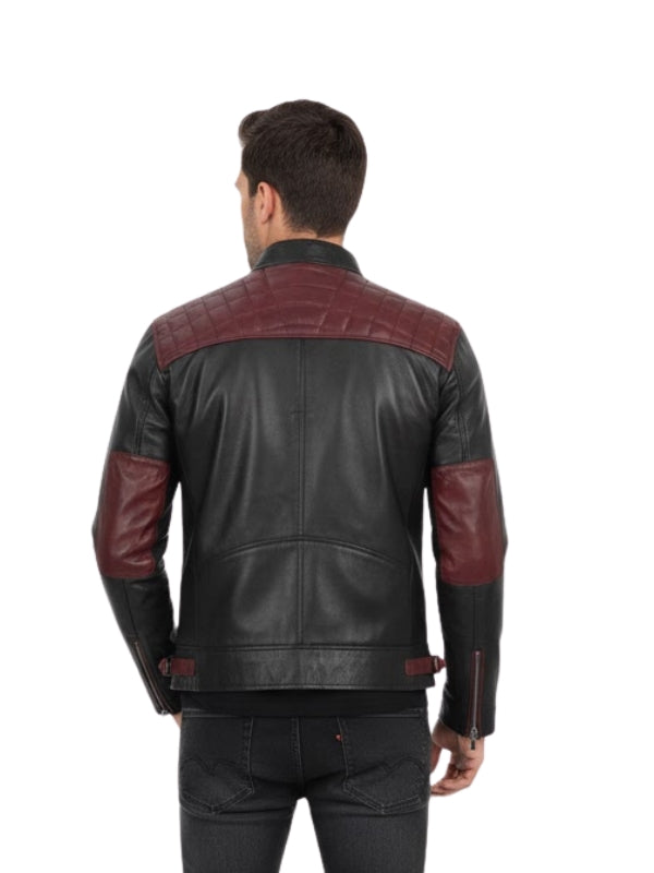 Man wearing a black and red leather jacket on a white background