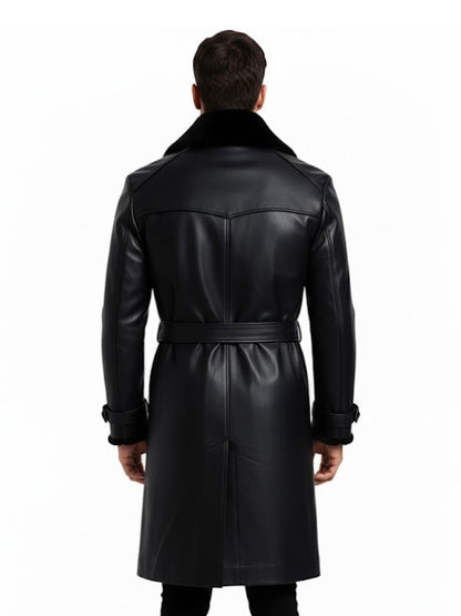 Man wearing a black leather coat on a white background