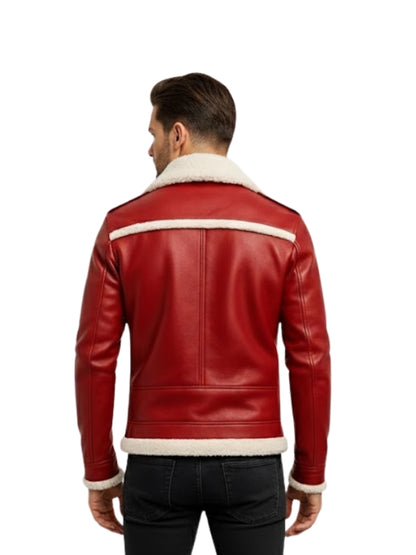 Men's Red Shearling Collar Leather Biker Jacket