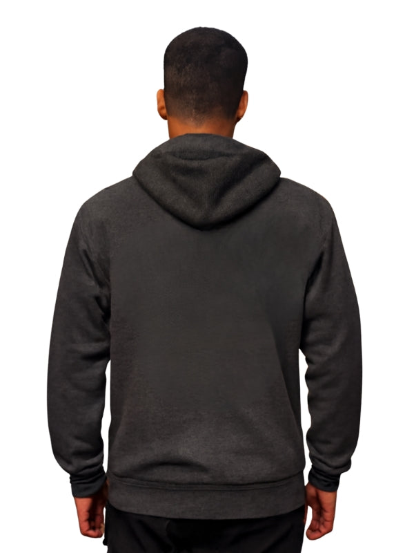Person wearing a dark gray hoodie from behind on a white background