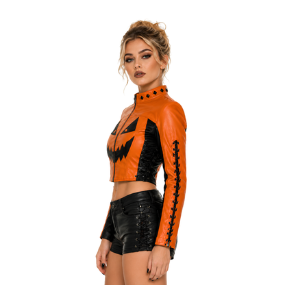 Shop The Jack-O-Lantern Pumpkin Crop Leather Jacket