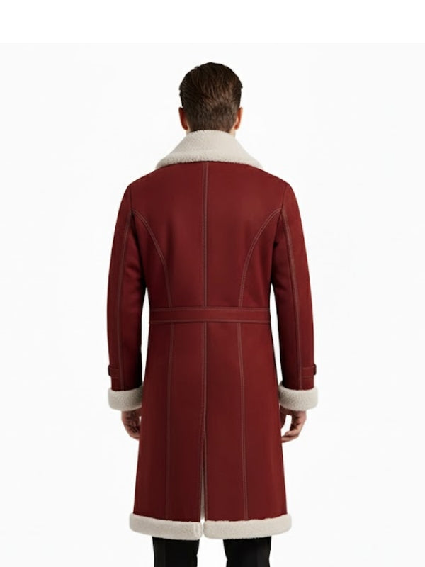 Red coat with white trim worn by a person on a white background