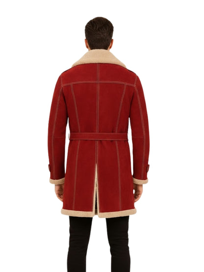 Red coat with beige collar and trim on a white background