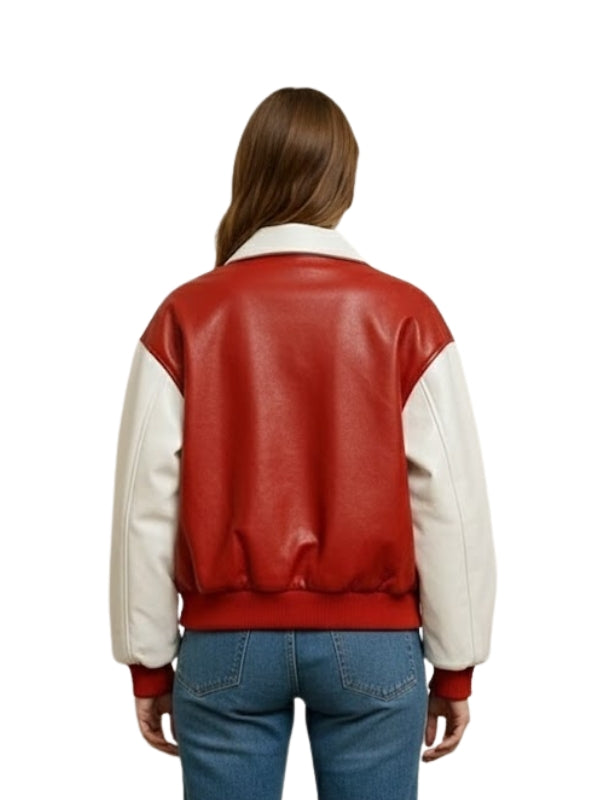 Red and white varsity jacket worn by a person on a white background