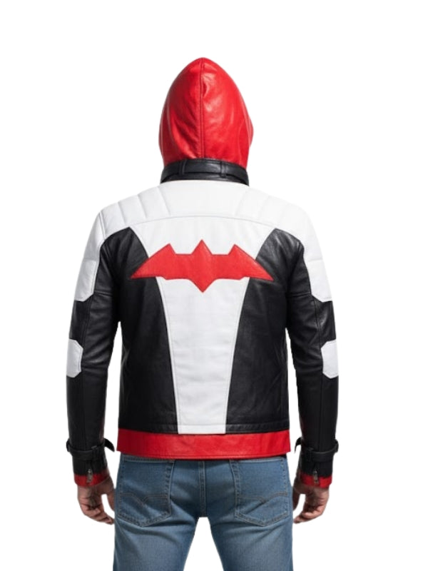 Person wearing a red, black, and white jacket with a bat symbol on the back.