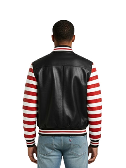 Person wearing a black leather jacket with red and white striped sleeves on a white background